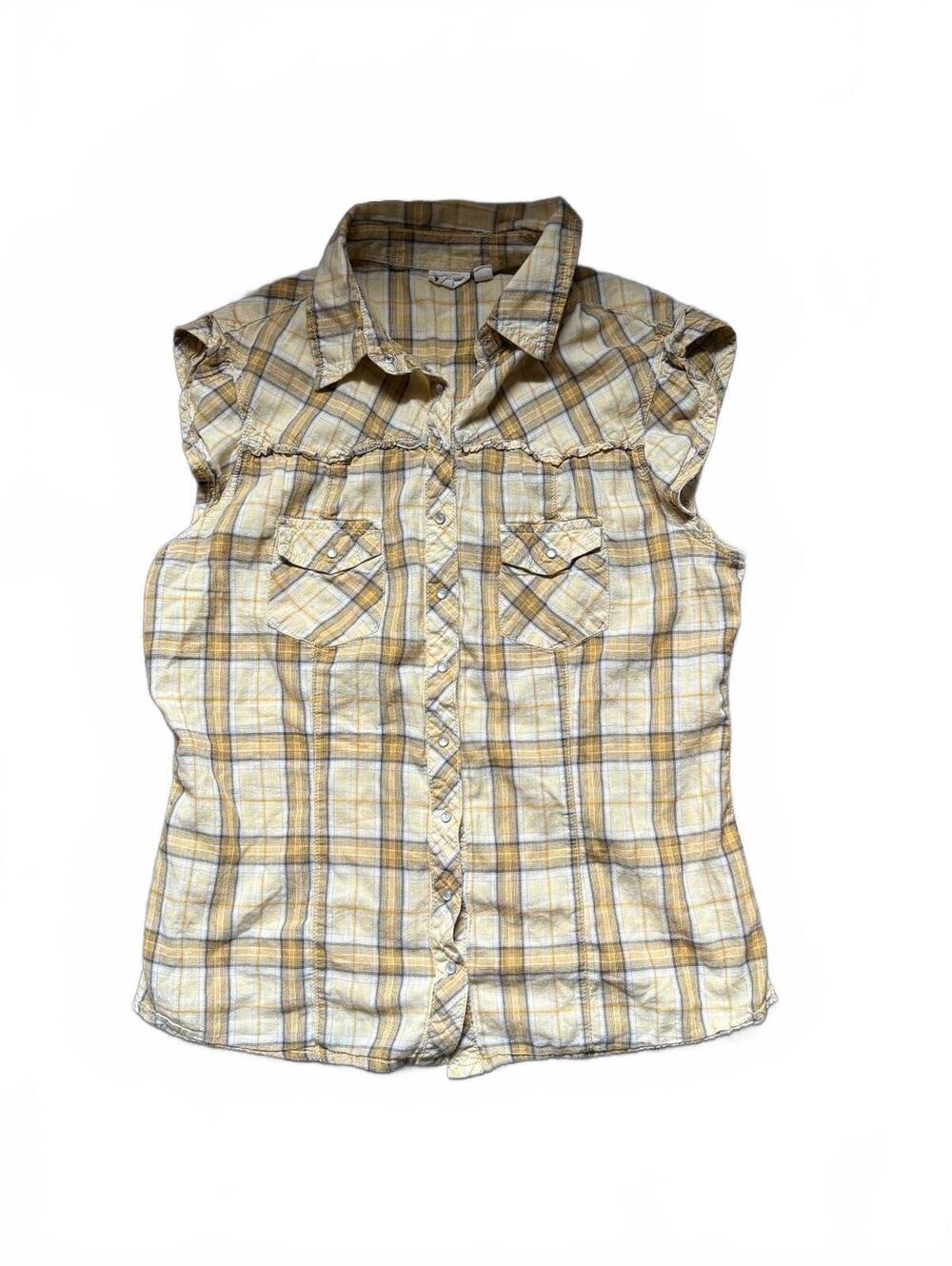 Y2K Mudd Plaid Western Shirt Women’s Large Pearl Snap Sleeveless Cowgirl